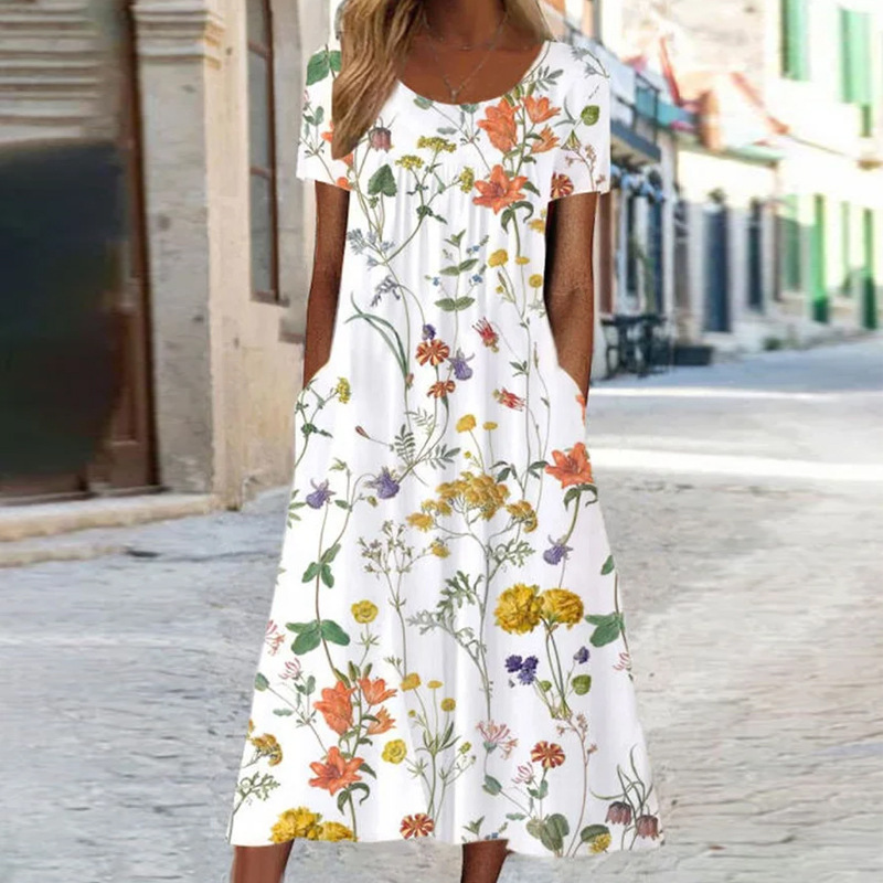 Women's Floral Print Ruched Midi Dress Short Sleeve Crew Neck