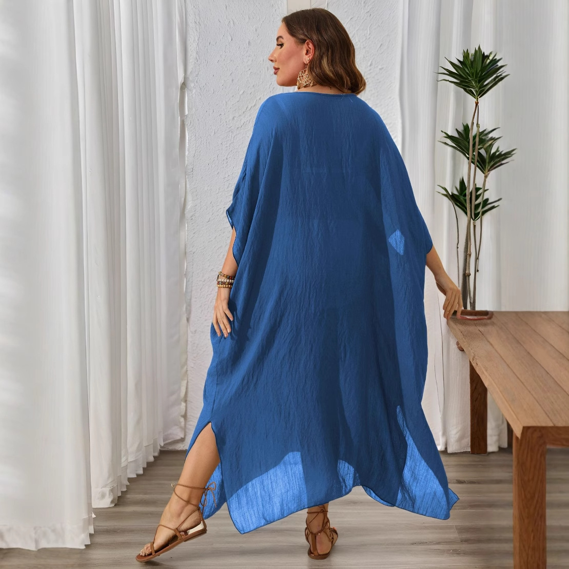 Women's Plus Size Solid Color Loose V-Neck Sleeveless Slit Maxi Dress Beach Cover-Up
