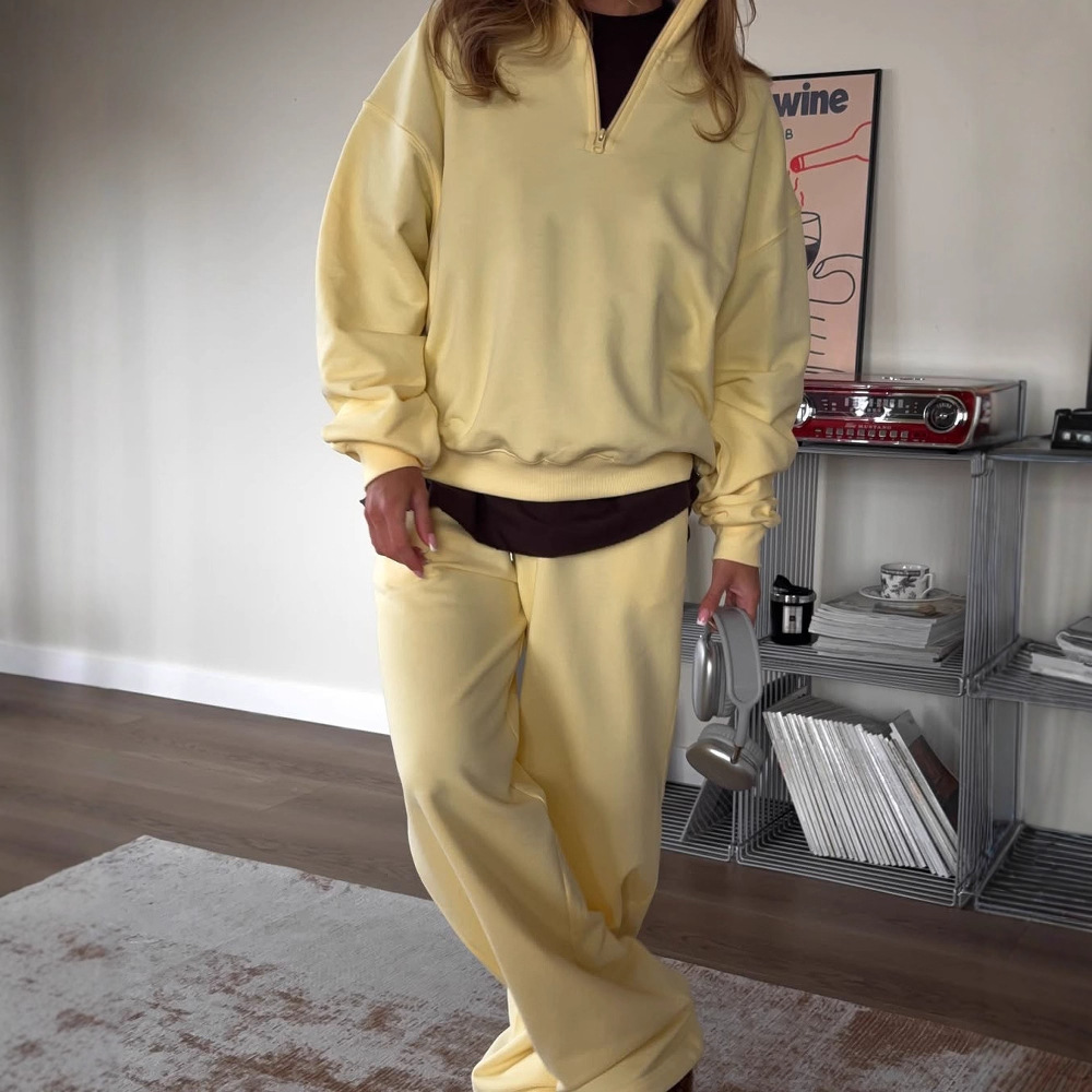 Oversize Half-Open Collar Long-Sleeve Hoodie & Drawstring Sweatpants Set
