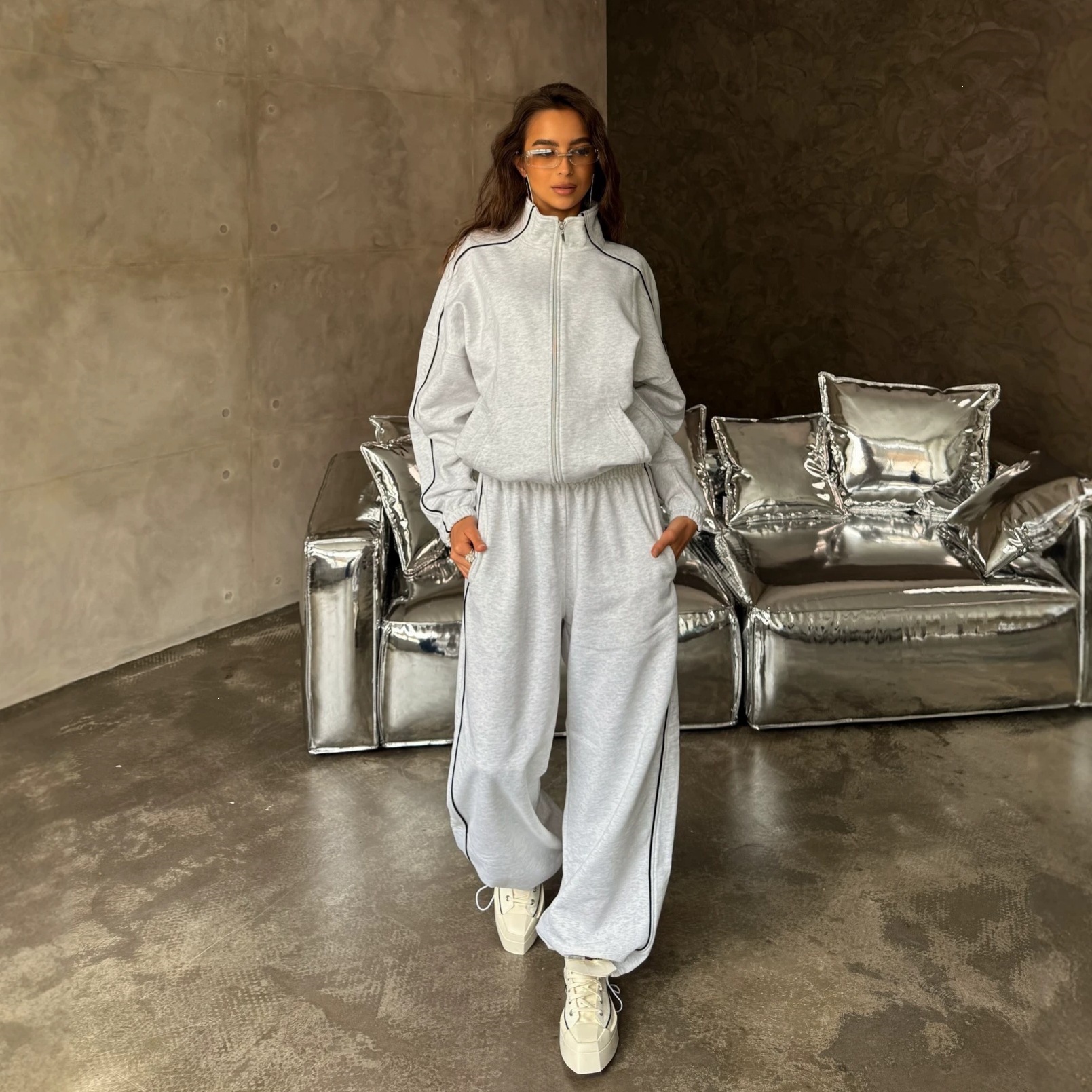 Candy Color Colorblock Long Sleeve Zip Jacket & Jogger Pants 2-Piece Set