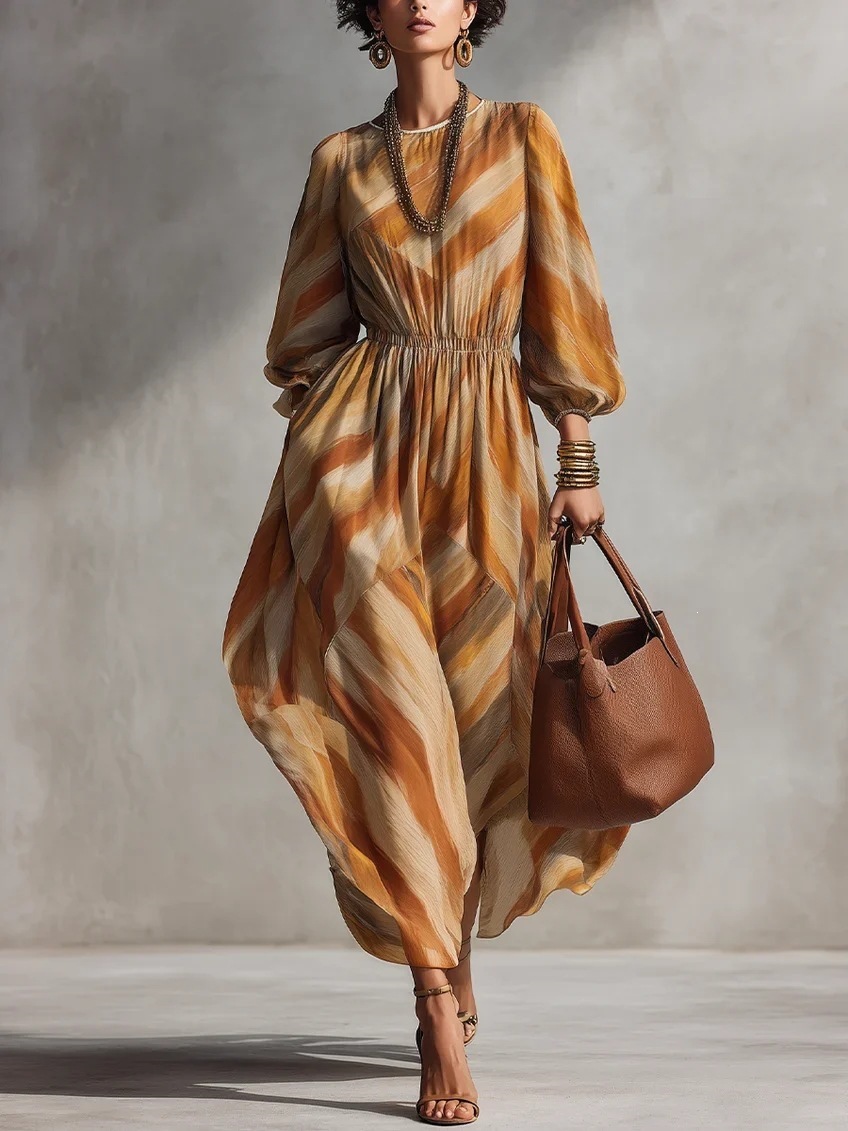 Twill Print Lantern Sleeve Maxi Dress Waist-Cinched Women's Vacation Dress
