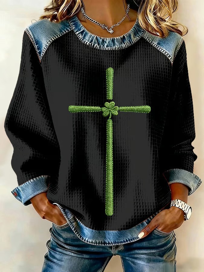 Women's Clover Print Waffle Knit Crewneck Sweatshirt