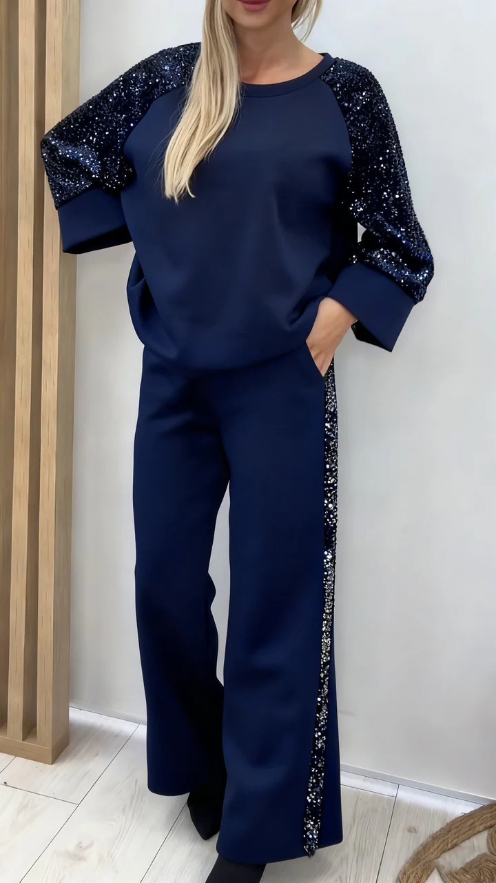 Sequin Patchwork Long-Sleeve Crewneck Sweatshirt & Pants Set