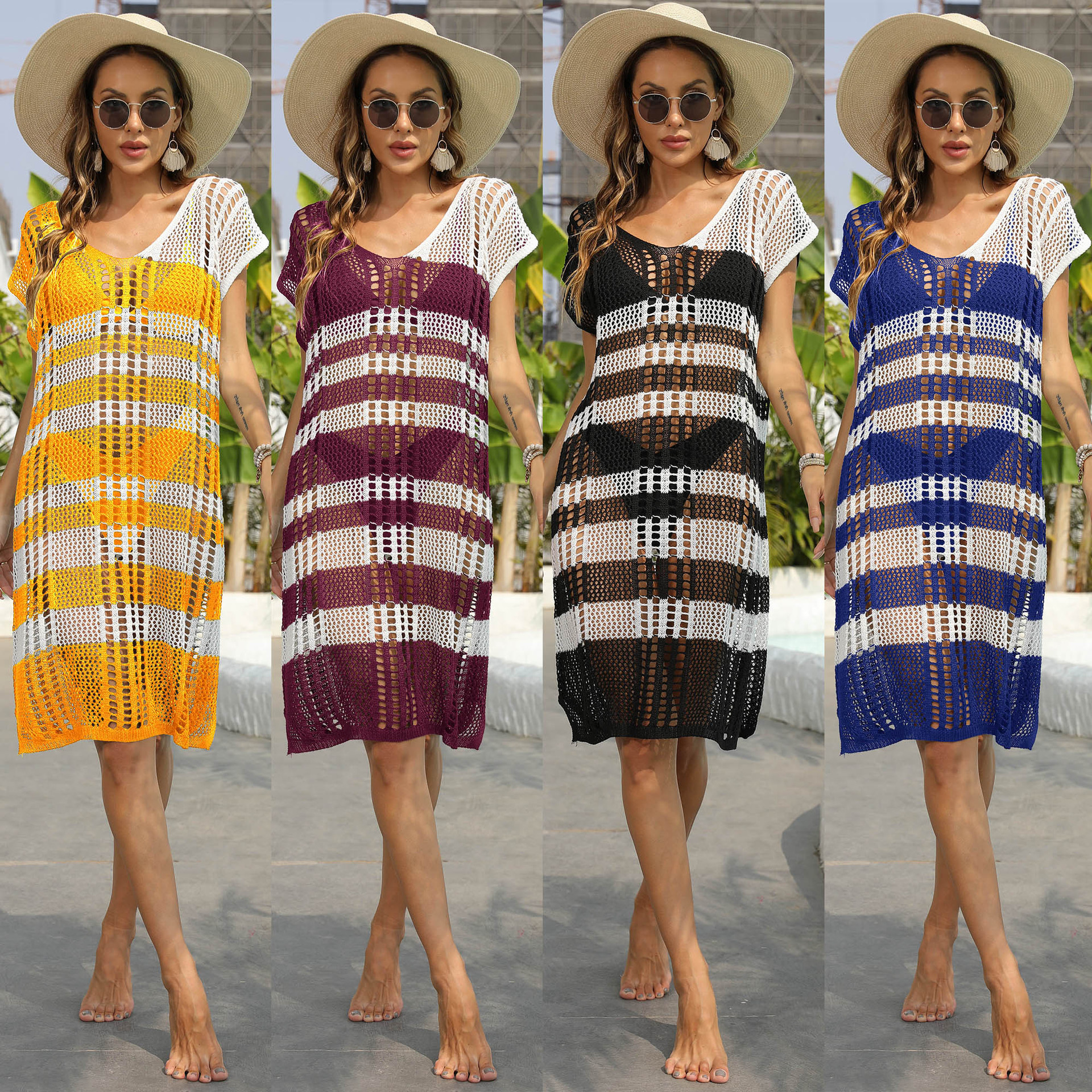 Women's Striped Color-Block Cutout Beach Bikini Cover-Up Dress
