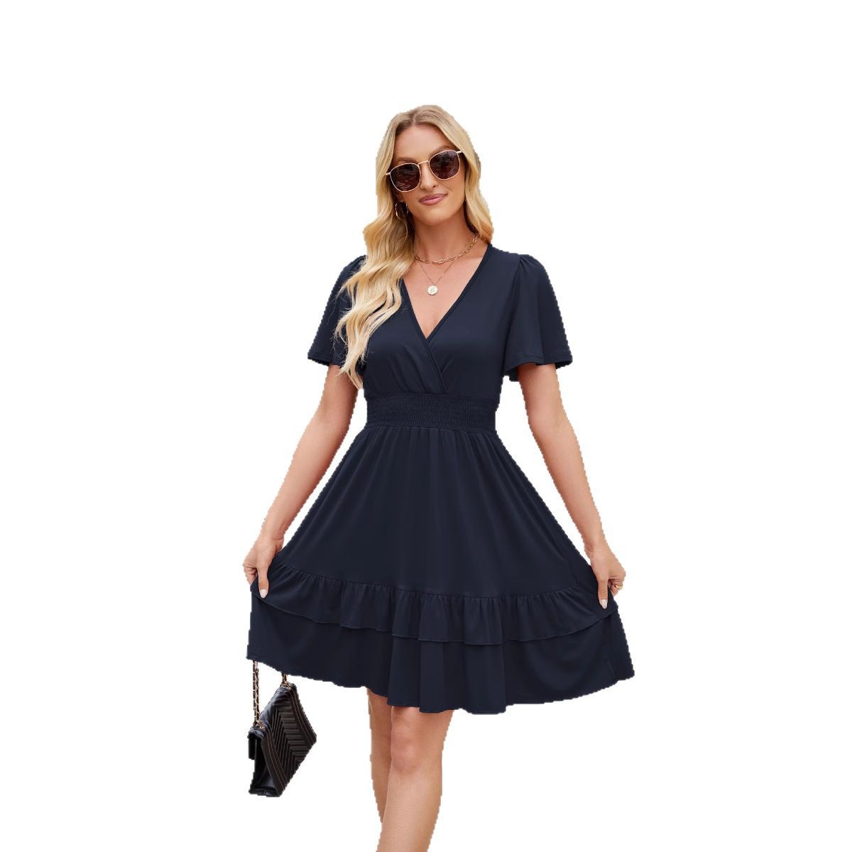 Women's Ruffled Hem Flutter Sleeve Cross V-Neck Dress