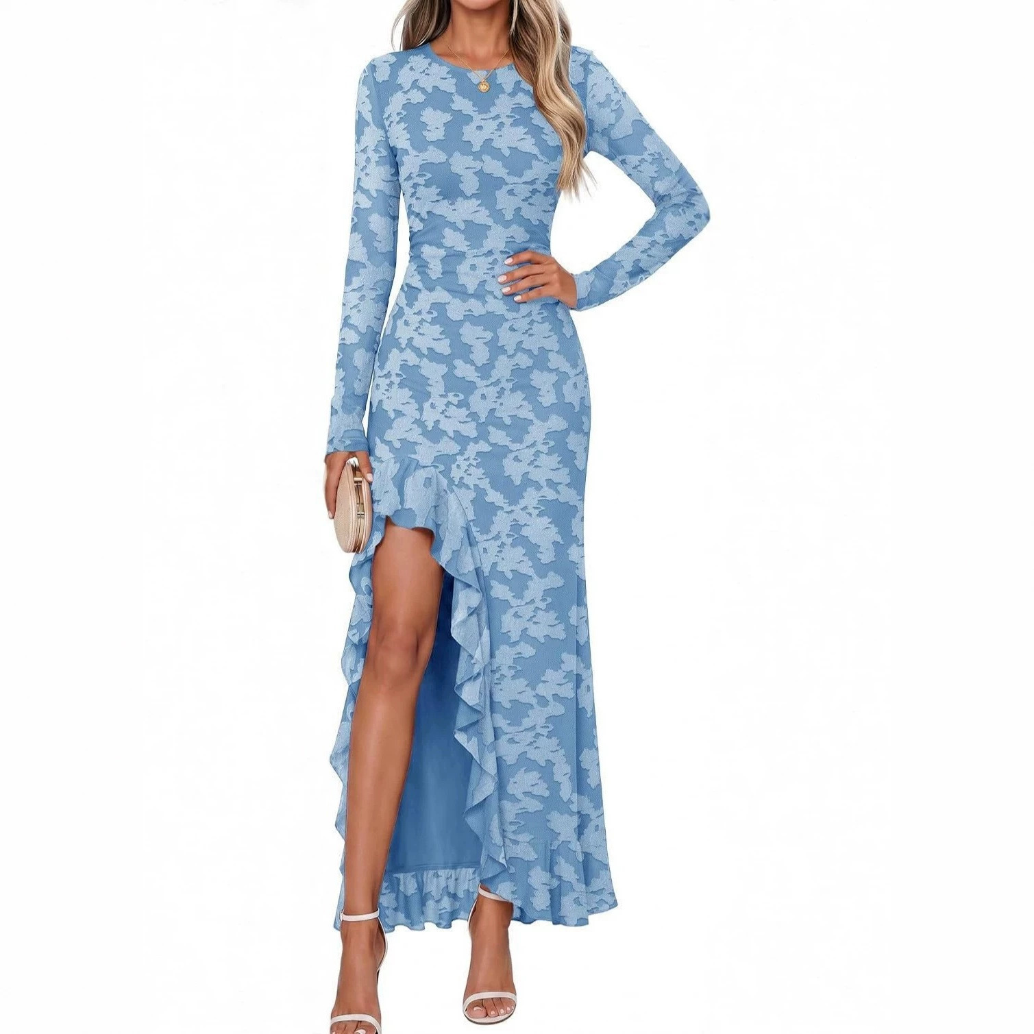 Women's Long Sleeve Round Neck Solid Color Slim Fit Split Dress