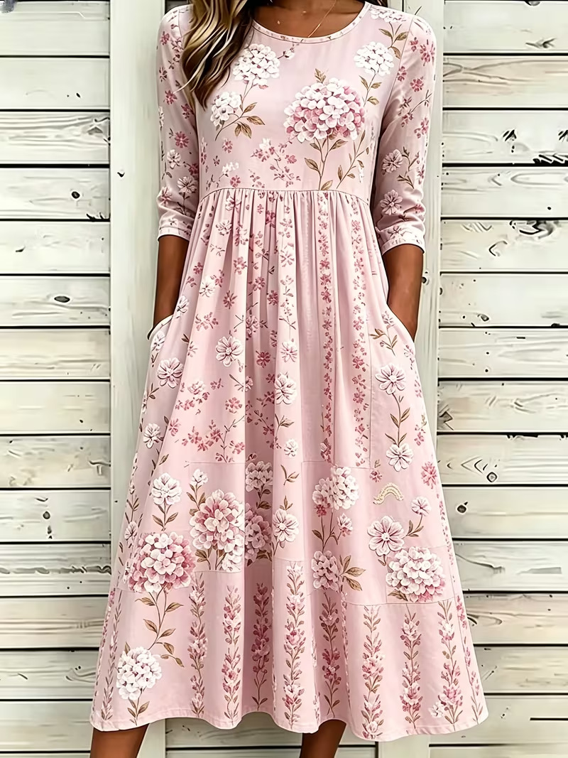 Women's Fresh Floral Print Ruched Midi Dress