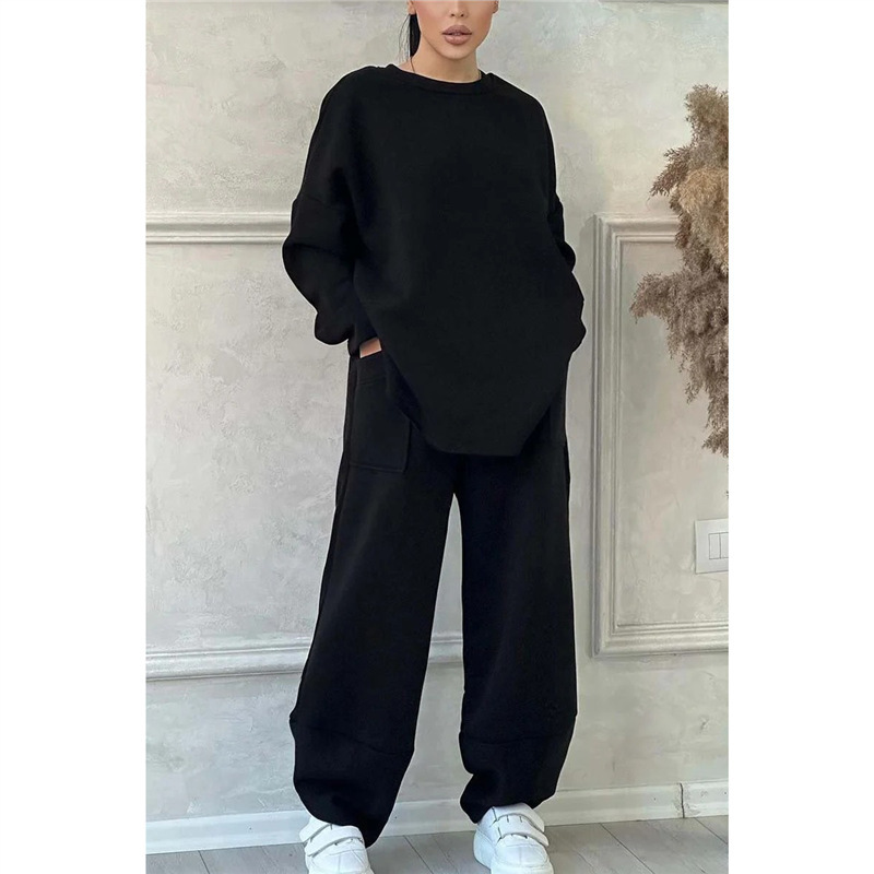 Solid Color Crewneck Long Sleeve Pocket Wide Leg Pants Loose Hoodie Two Piece Set