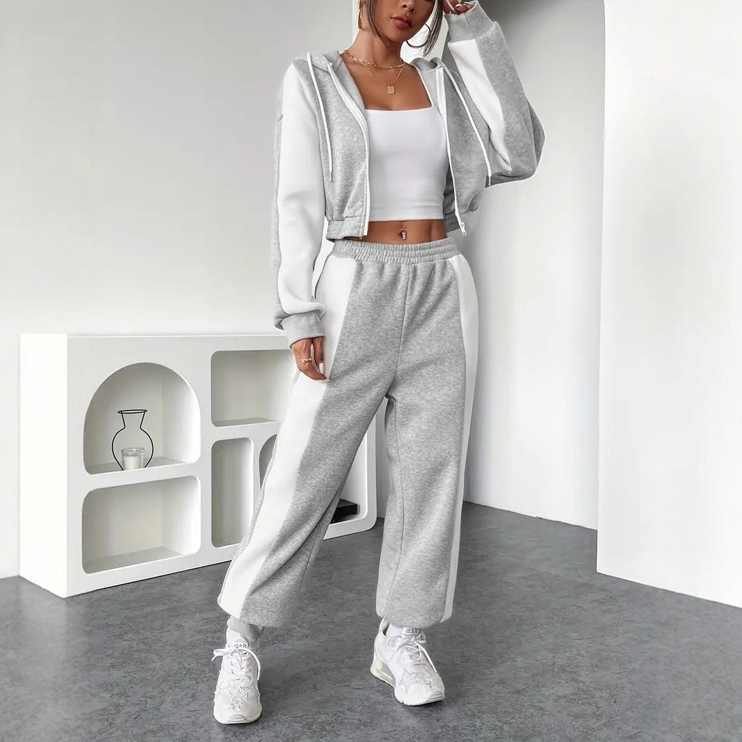Women's Color-Block Long-Sleeve Hoodie & High-Waist Pants Two-Piece Set