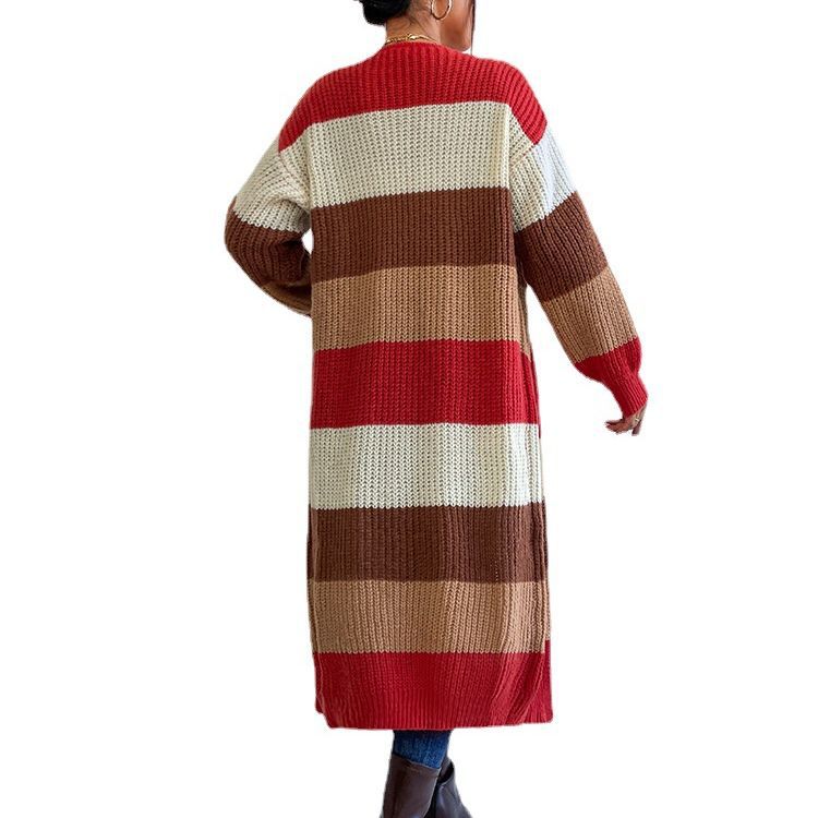 Women's Color-Block Striped Knit Long Cardigan Sweater Coat