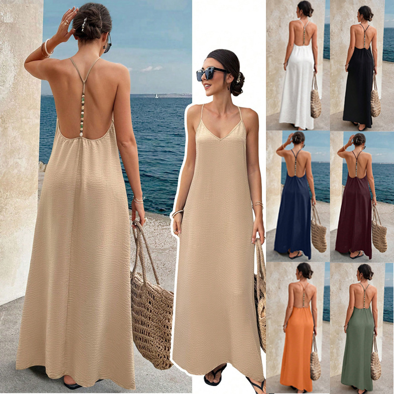 Women's Solid V-Neck Open-Back Sleeveless Cami Dress