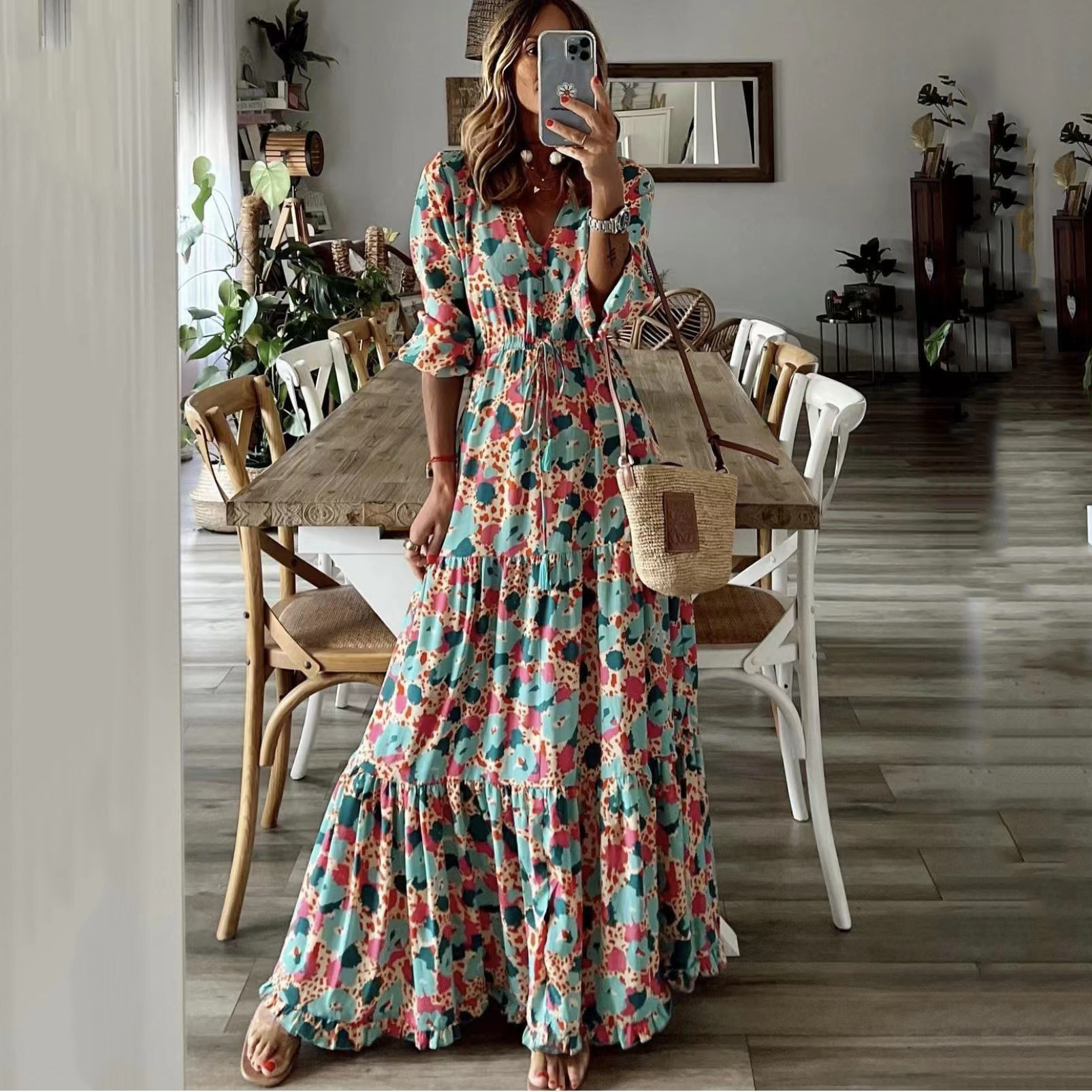 Bohemian V-Neck Floral Print Maxi Dress with Lantern Sleeves