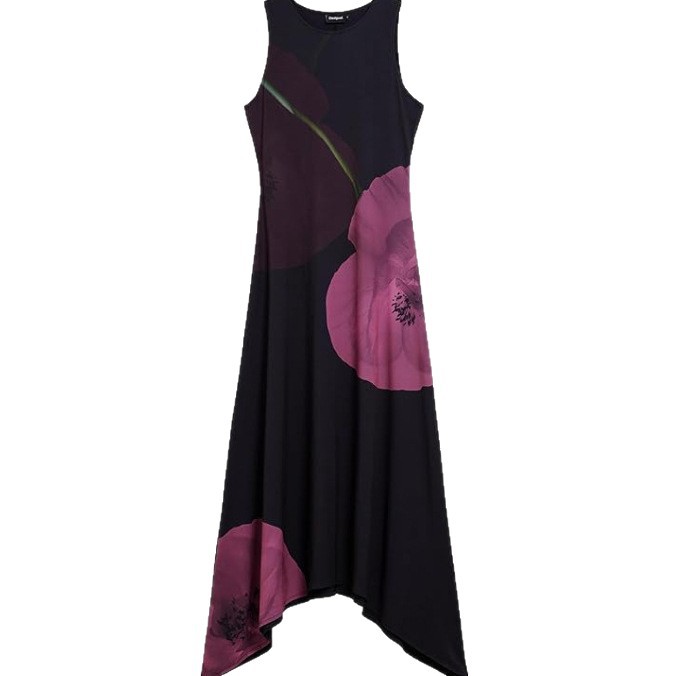Women's Black Geometric Print Sleeveless Long Dress
