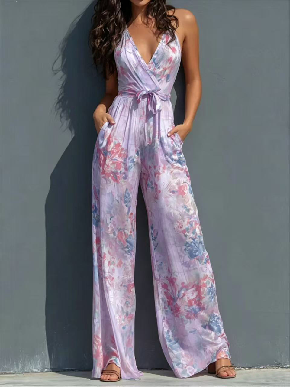 Women's Halter Deep V Printed Jumpsuit High Waist Tie Wide Leg