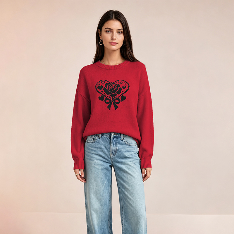 Heart Knit Sweater for Women Crewneck Long Sleeve Pullover