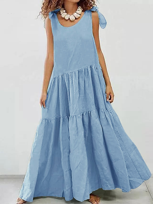 Women's Solid Crewneck Short Sleeve Tiered Ruffle Maxi Dress