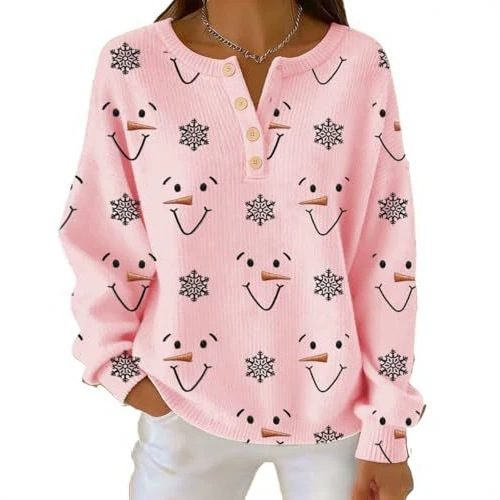 Women's Snowman Carrot Snowflake Smiley Print Button Sweatshirt