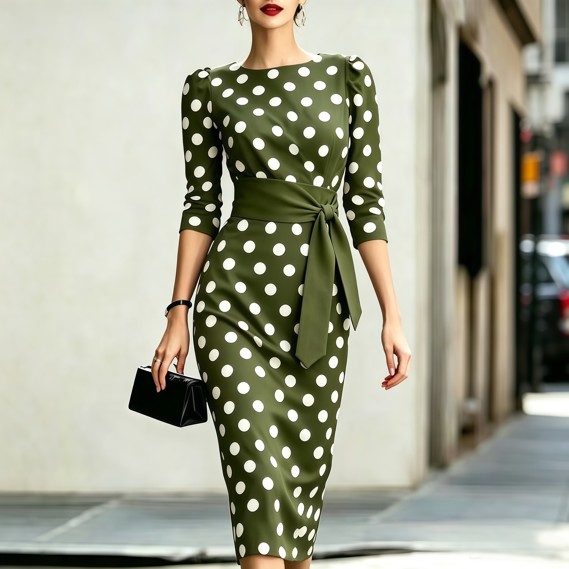 Elegant Polka Dot A-Line Midi Dress with Three-Quarter Sleeves
