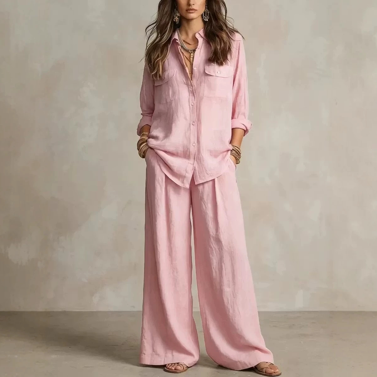Women's Lightweight Long Sleeve Shirt and Wide-Leg Pants Set
