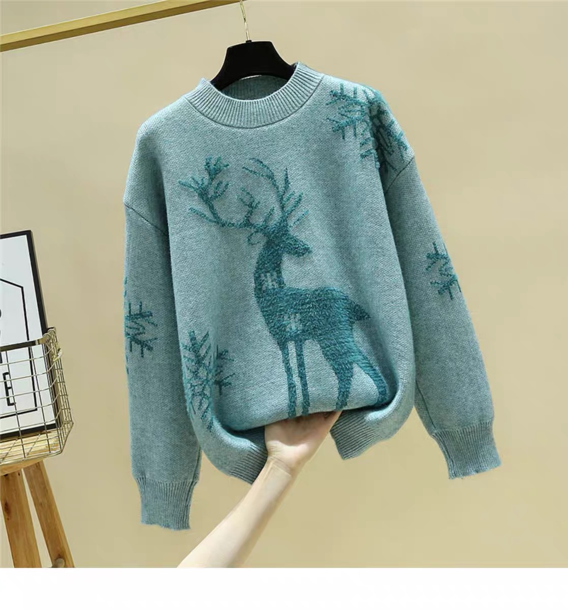 Christmas Reindeer Knit Sweater Women's Thick Loose Pullover