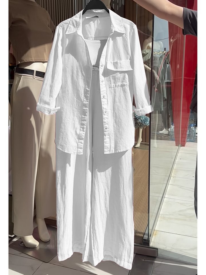 Women's 2-Piece Cotton-Linen Shirt and High-Waist Wide-Leg Pants Set