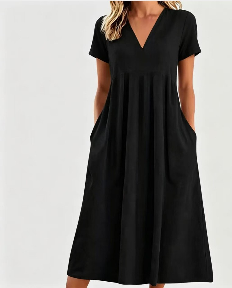 Solid V-Neck Short Sleeve Loose Casual Dress