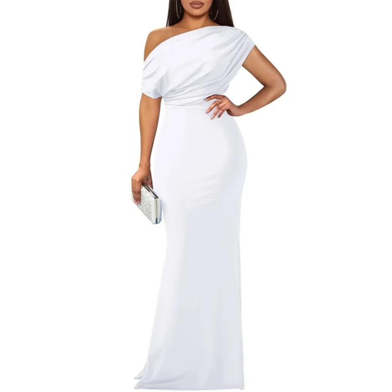 Elegant Solid One-Shoulder Ruched Bodycon Dress