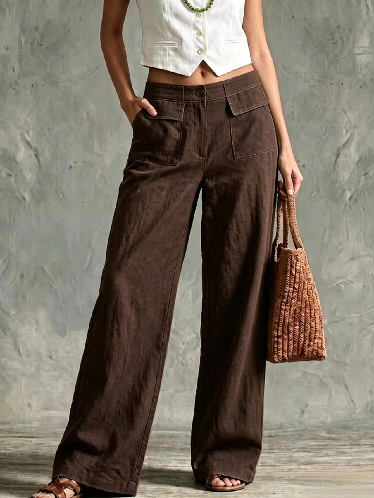 Women's Solid Color Wide-Leg Elastic Waist Casual Pants
