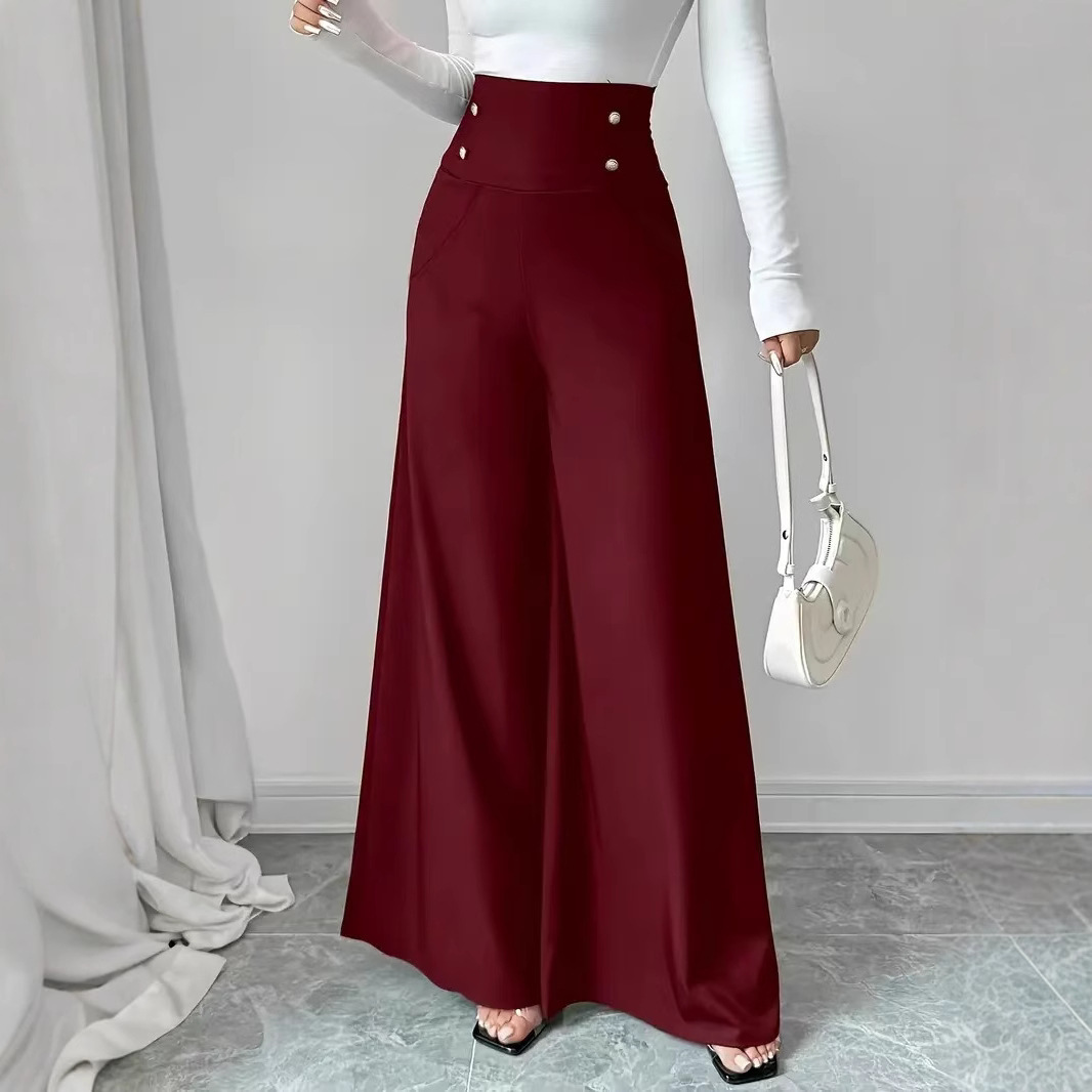 Minimalist High-Waist Tummy-Control Black Wide-Leg Pants with Pockets for Work