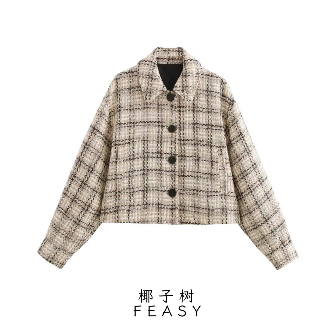 Women's Textured Plaid Lapel Long-Sleeve Short Jacket