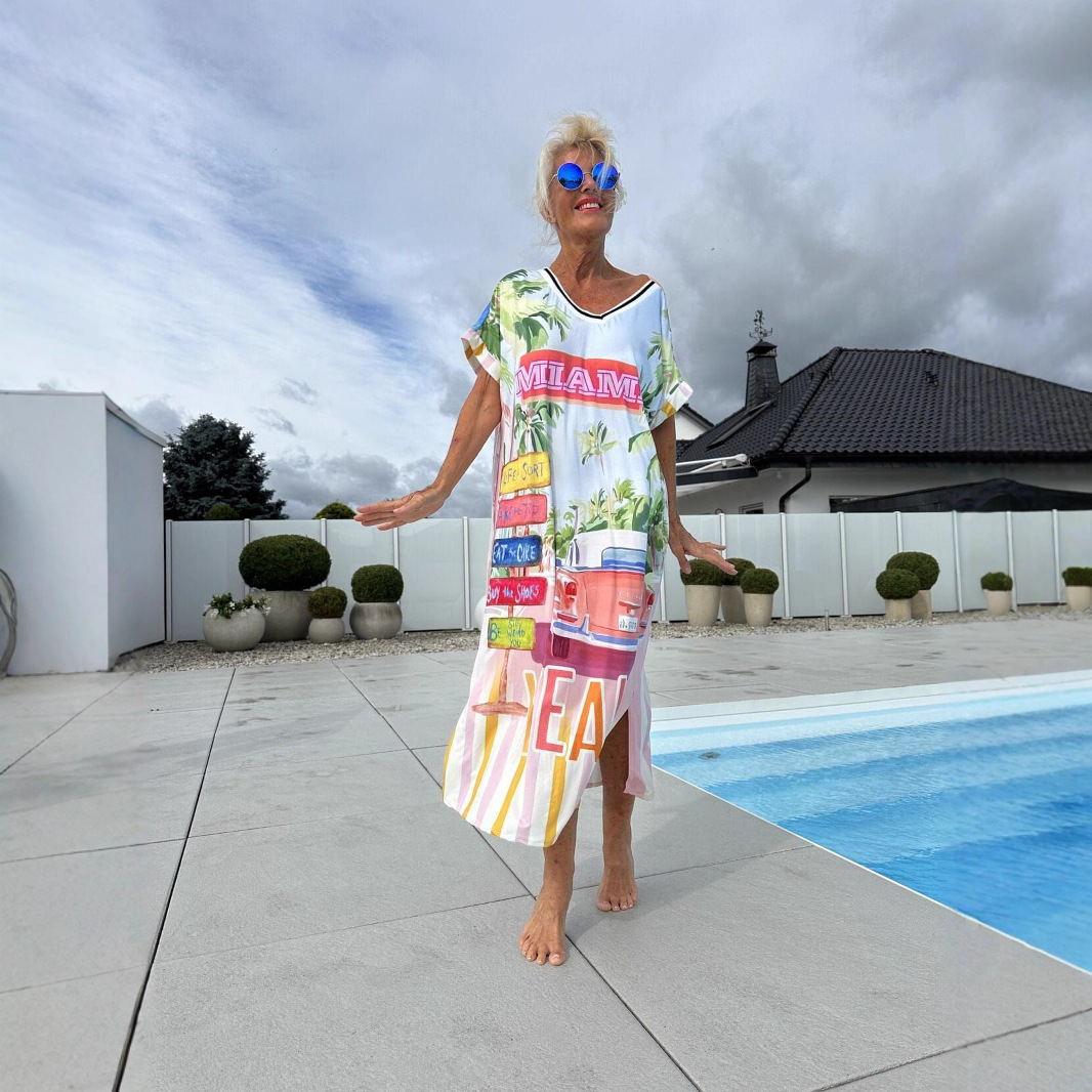 Women's Summer V-Neck Short Sleeve Slit Print Long Dress