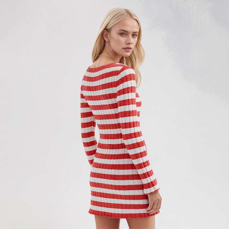 Striped Knit Sweater Dress Crewneck Long Sleeve High Waist
