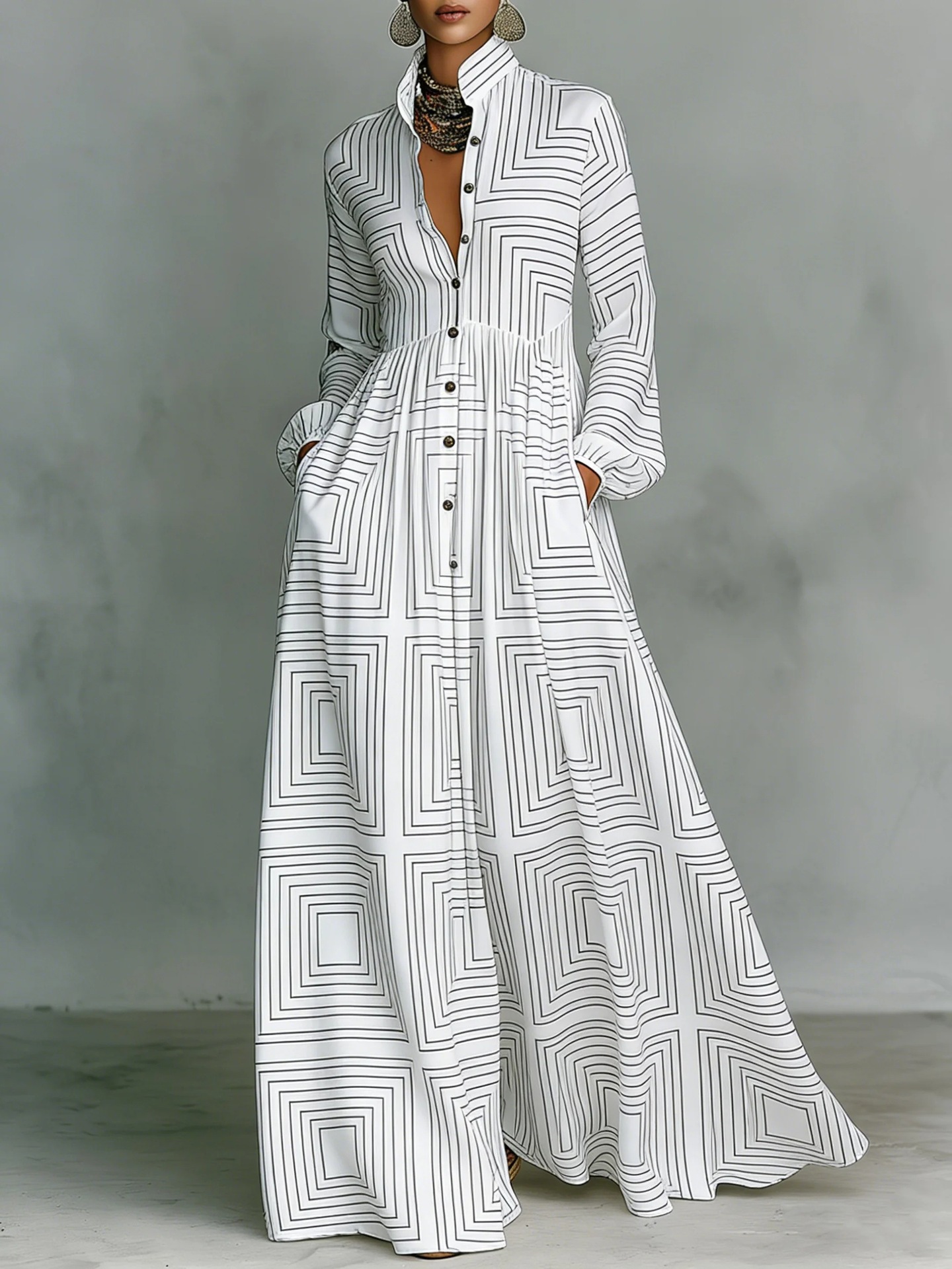 French Waist-Cinching Floral Print Long Sleeve Maxi Dress