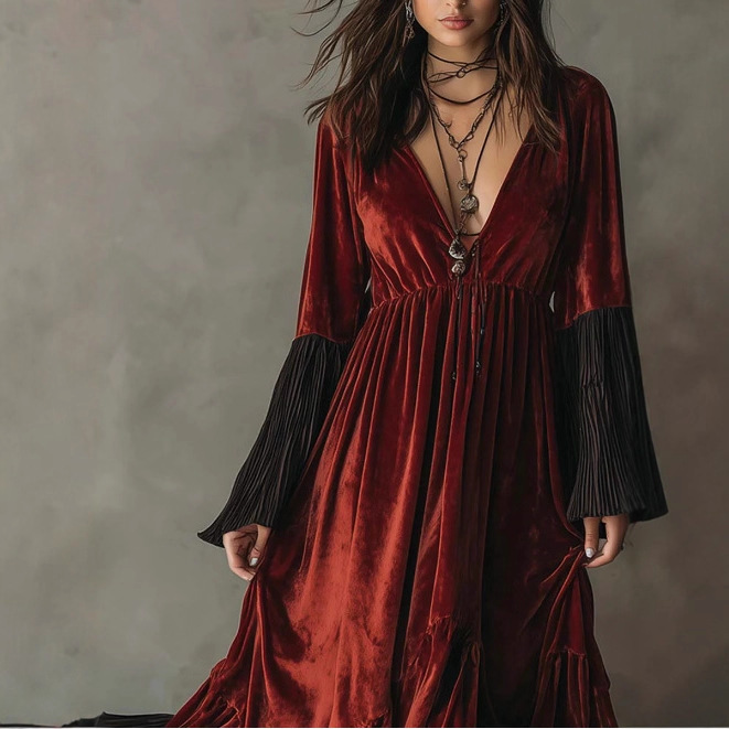 Retro Ruched Ruffle Velvet Midi Dress