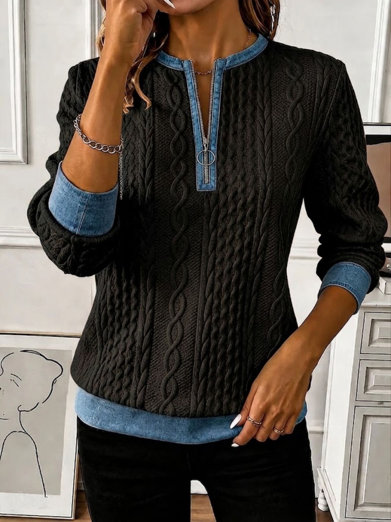 Solid Print Half-Zip Hoodie for Women