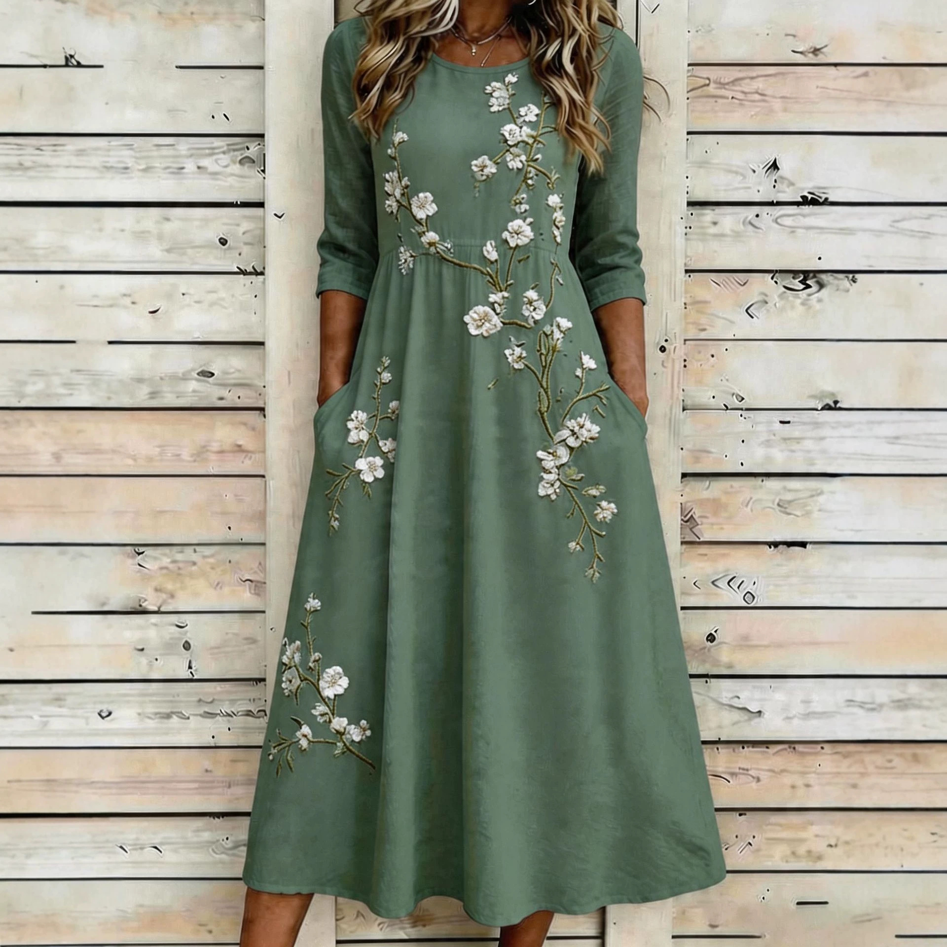 Floral Embroidered Midi Dress with Pockets