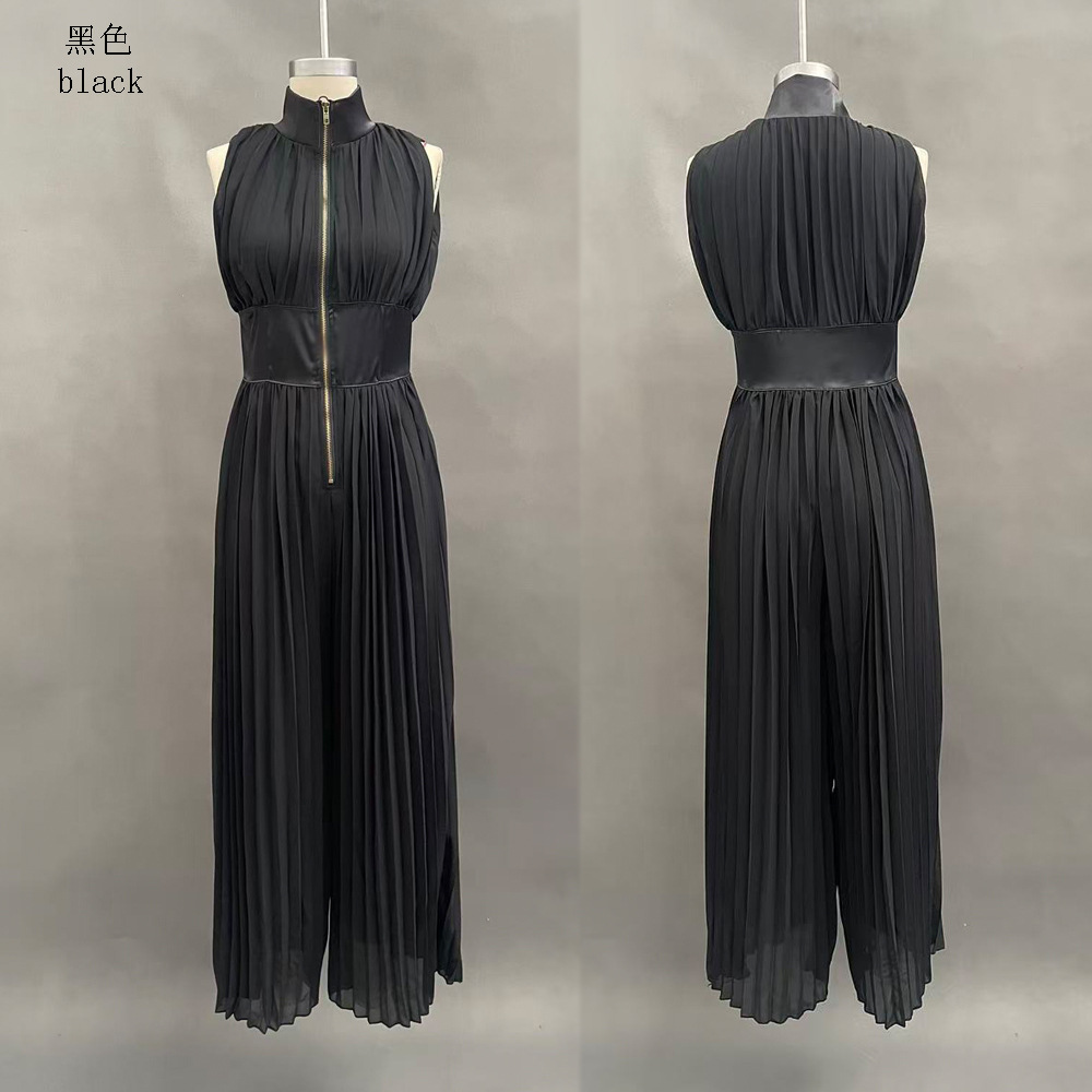 Women's Pleated Halter Wide-Leg Jumpsuit Sleeveless Deep V-Neck