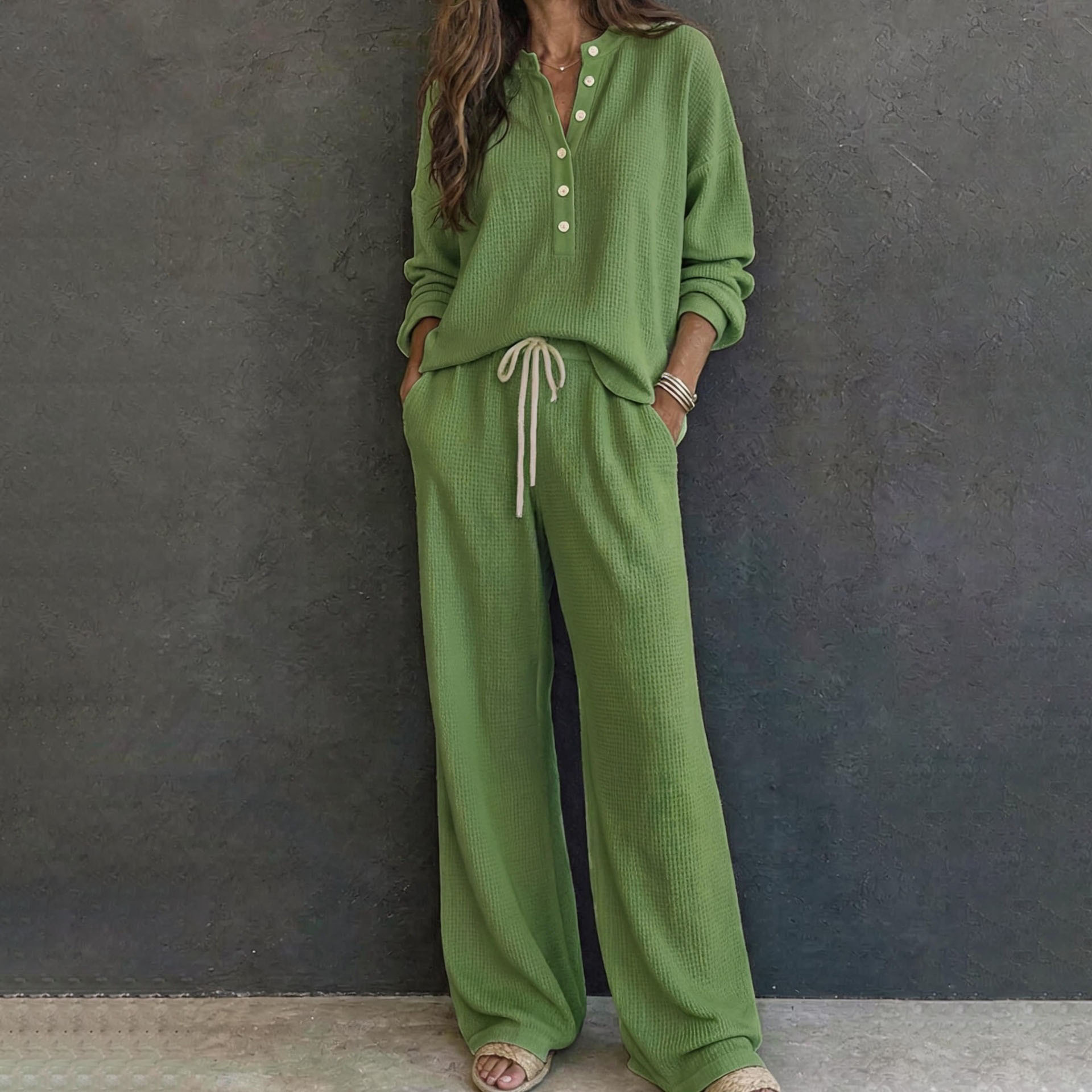 Women's Waffle Knit Long Sleeve Shirt and Pants Set Solid Color Loungewear