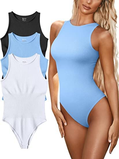 Women's Sleeveless Ribbed Bodysuit One-Piece Swimsuit