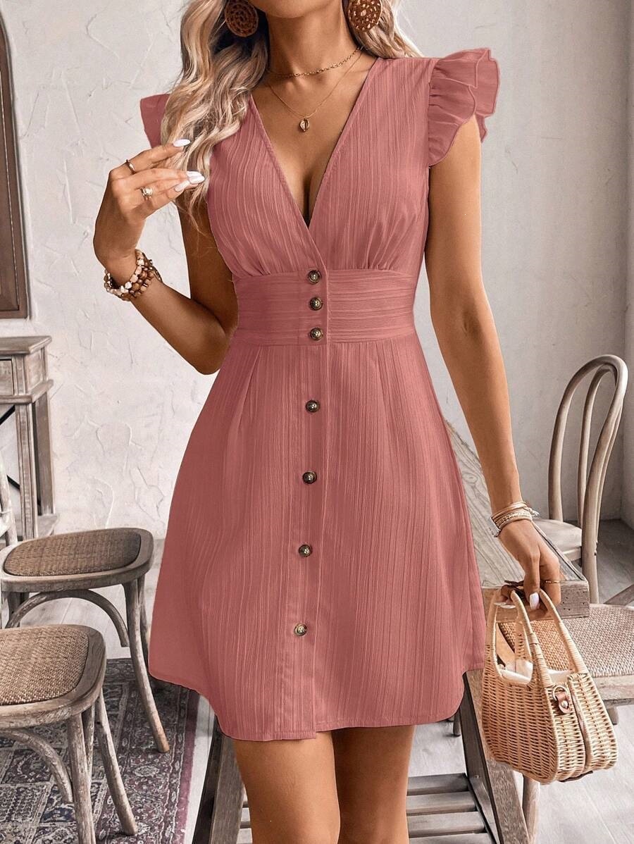 Women's High Waist V-Neck Striped Button Dress