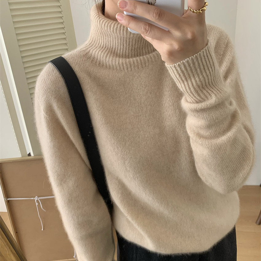 Women's Gray Turtleneck Thickened Sweater Lazy Style Solid Knit Pullover