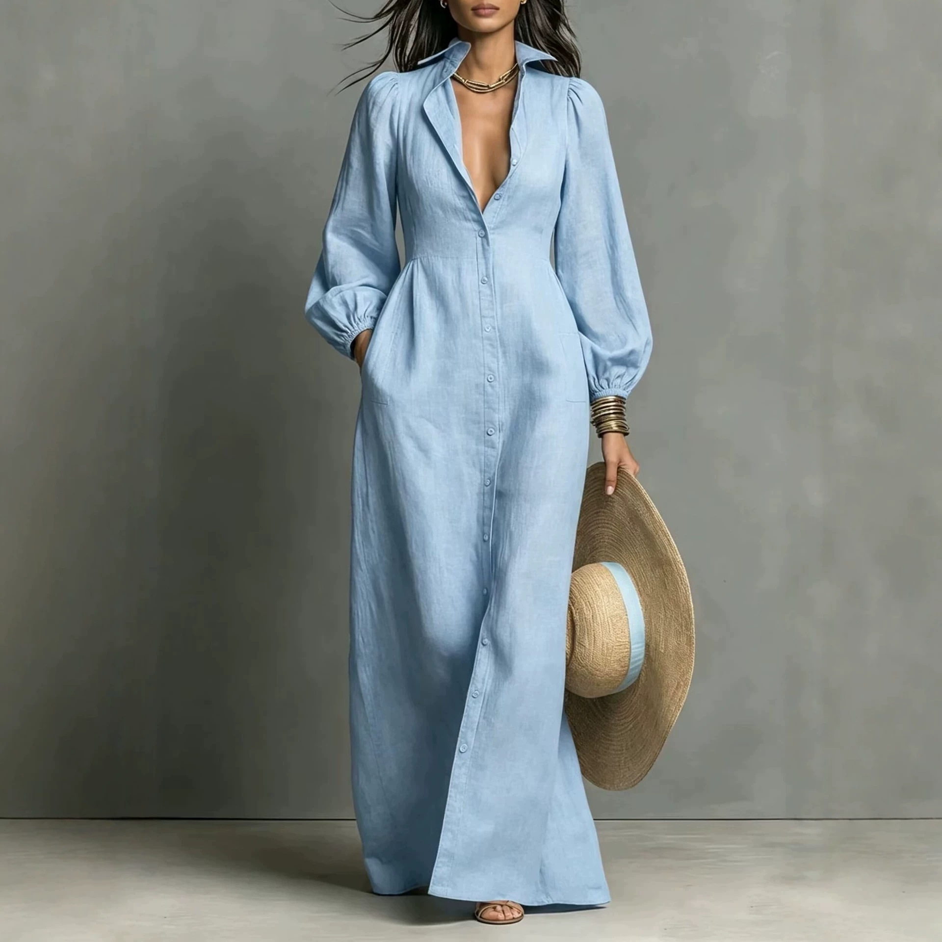 Women's Solid Button-Front Long Shirt Dress with Polo Collar