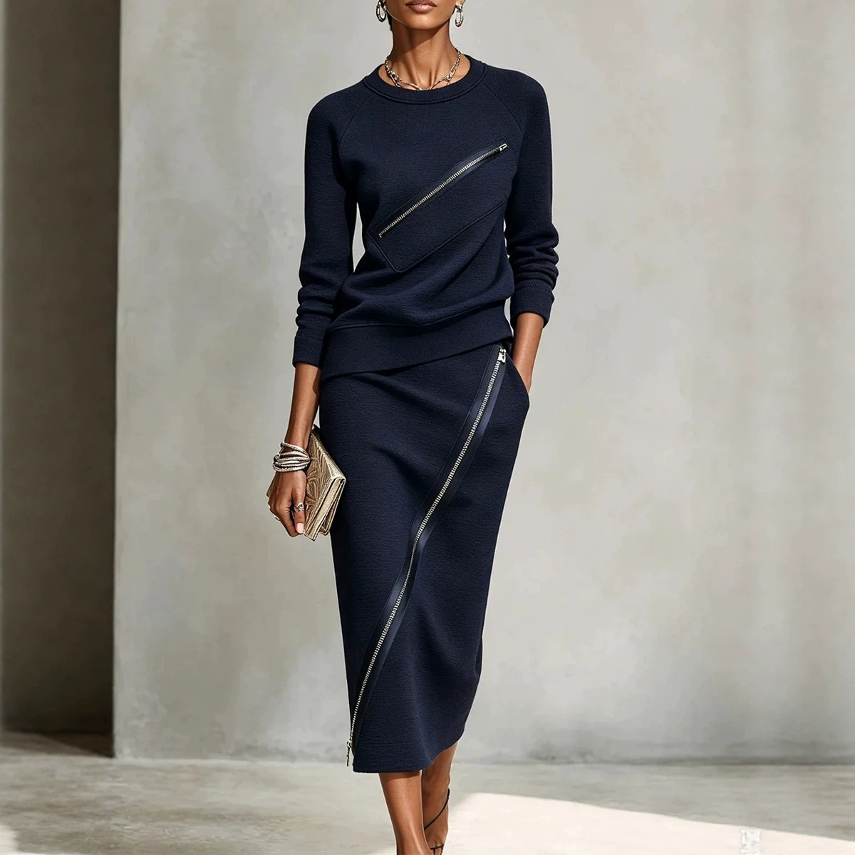 Women's Solid Color Zip Skirt and T-Shirt Two-Piece Set