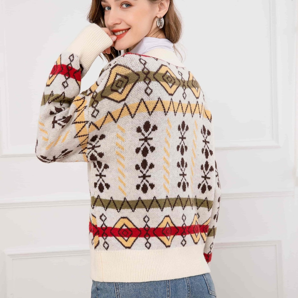 Women's Wool Blend Double-Sided Jacquard Colorblock Cardigan Sweater