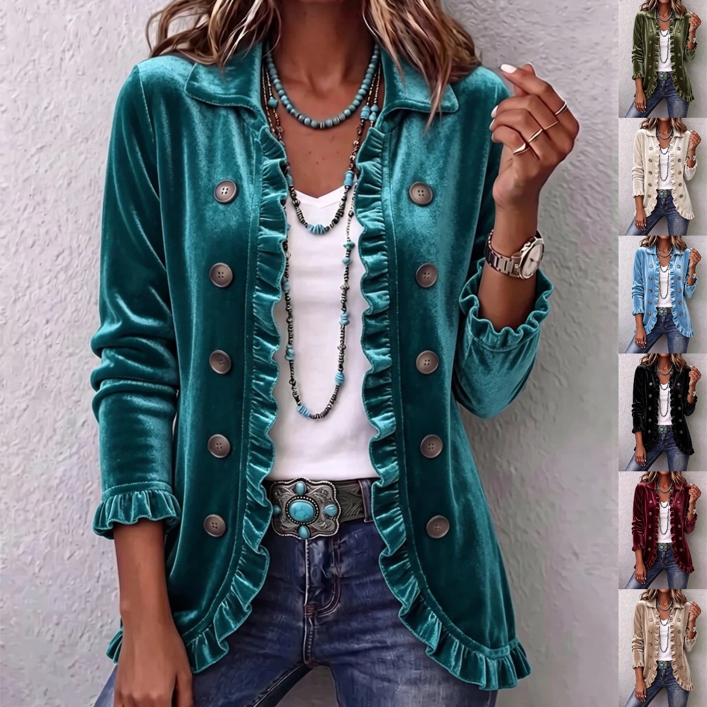 Women's Velvet Ruffle Button-Front Cardigan Long Sleeve