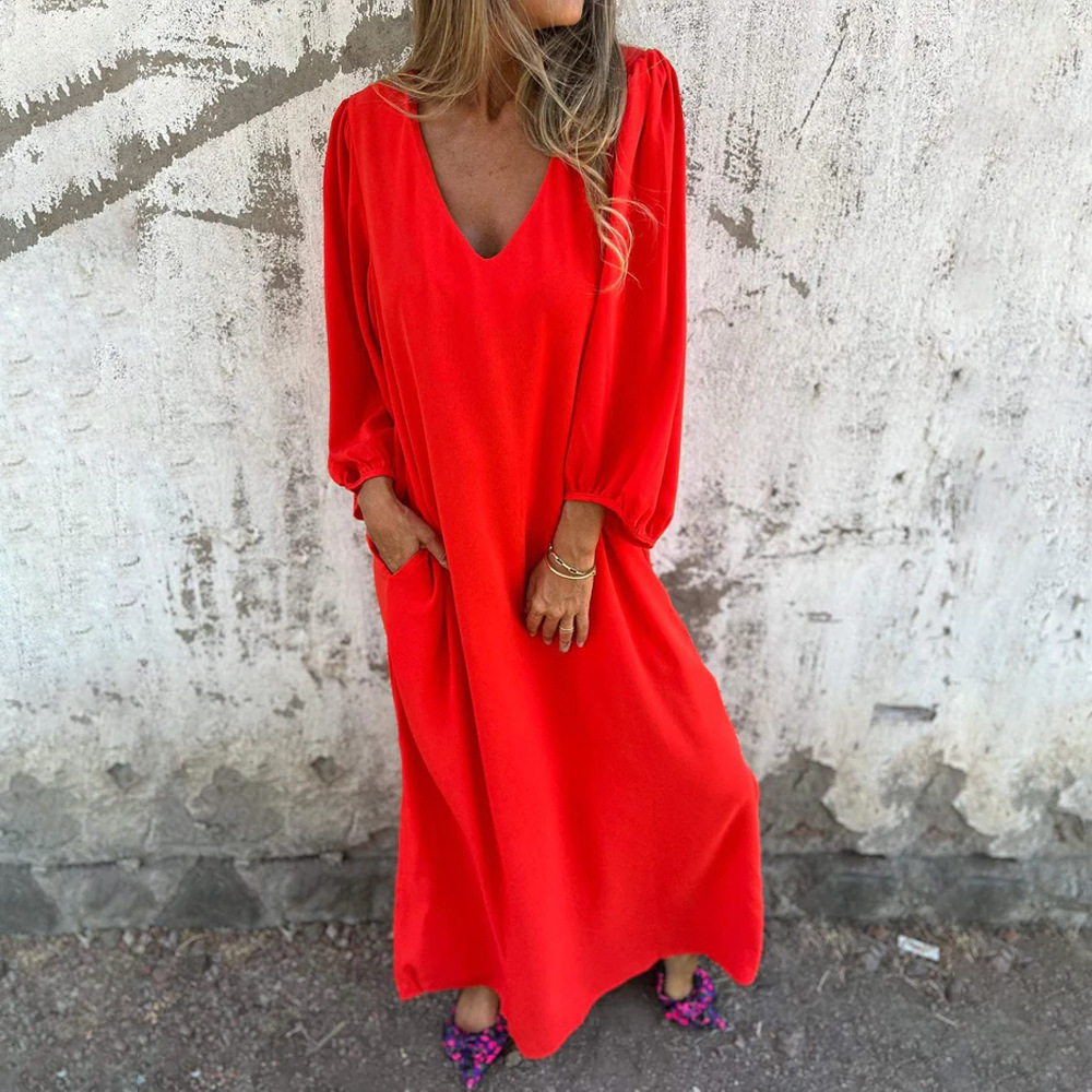 Women's Casual Loose V-Neck Solid Lantern Sleeve Midi Dress