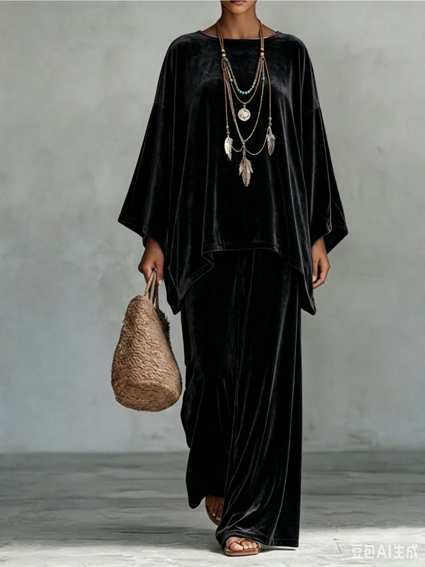 Velvet Round Neck Long Sleeve Loose Top & Wide Leg Pants Set