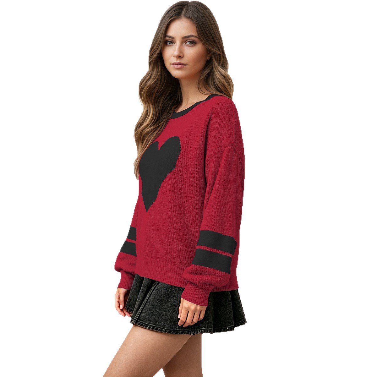 Heart Jacquard Knit Sweater Women's Lazy Round Neck Pullover