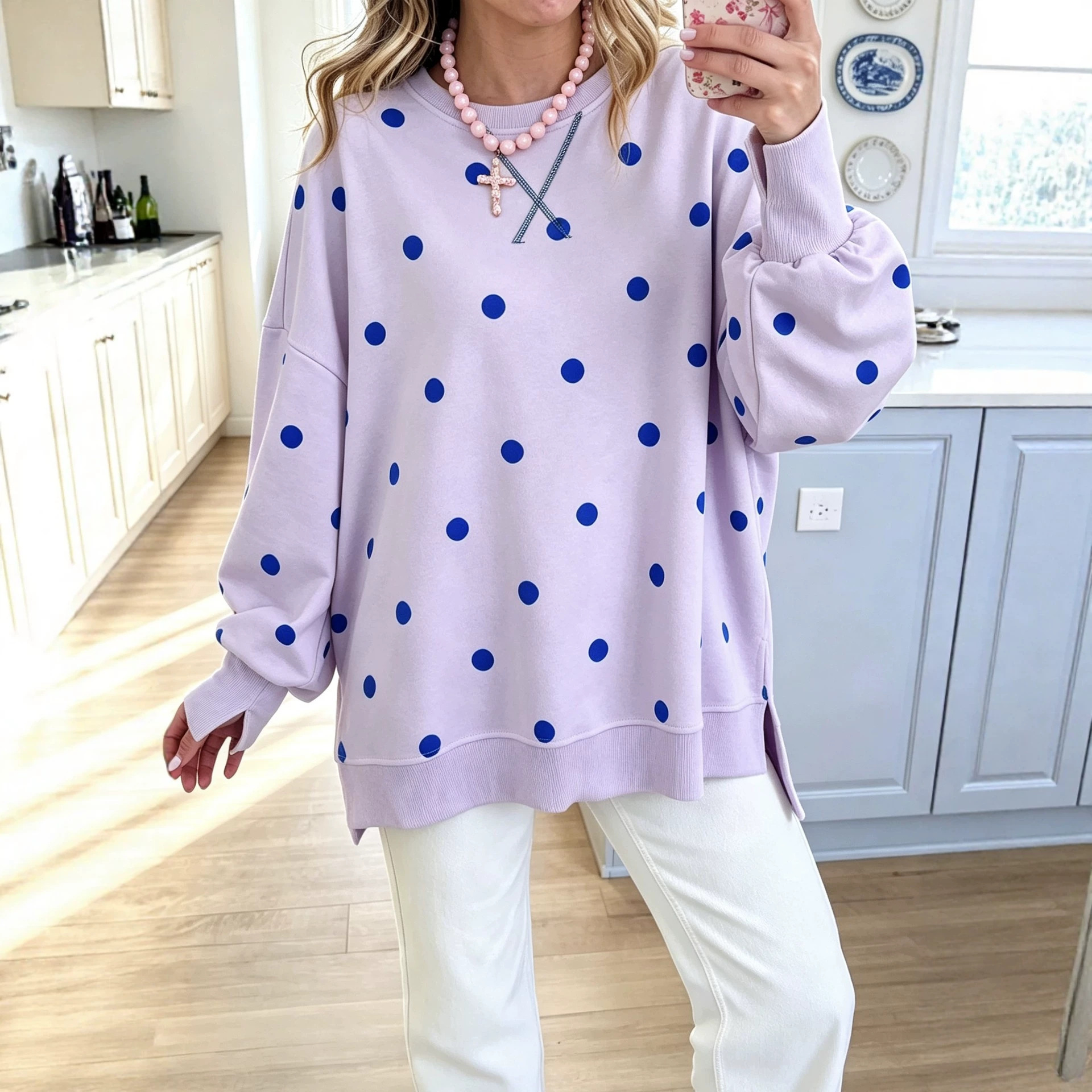 Polka Dot Print Long Sleeve Pullover Sweatshirt Loose Casual Shirt