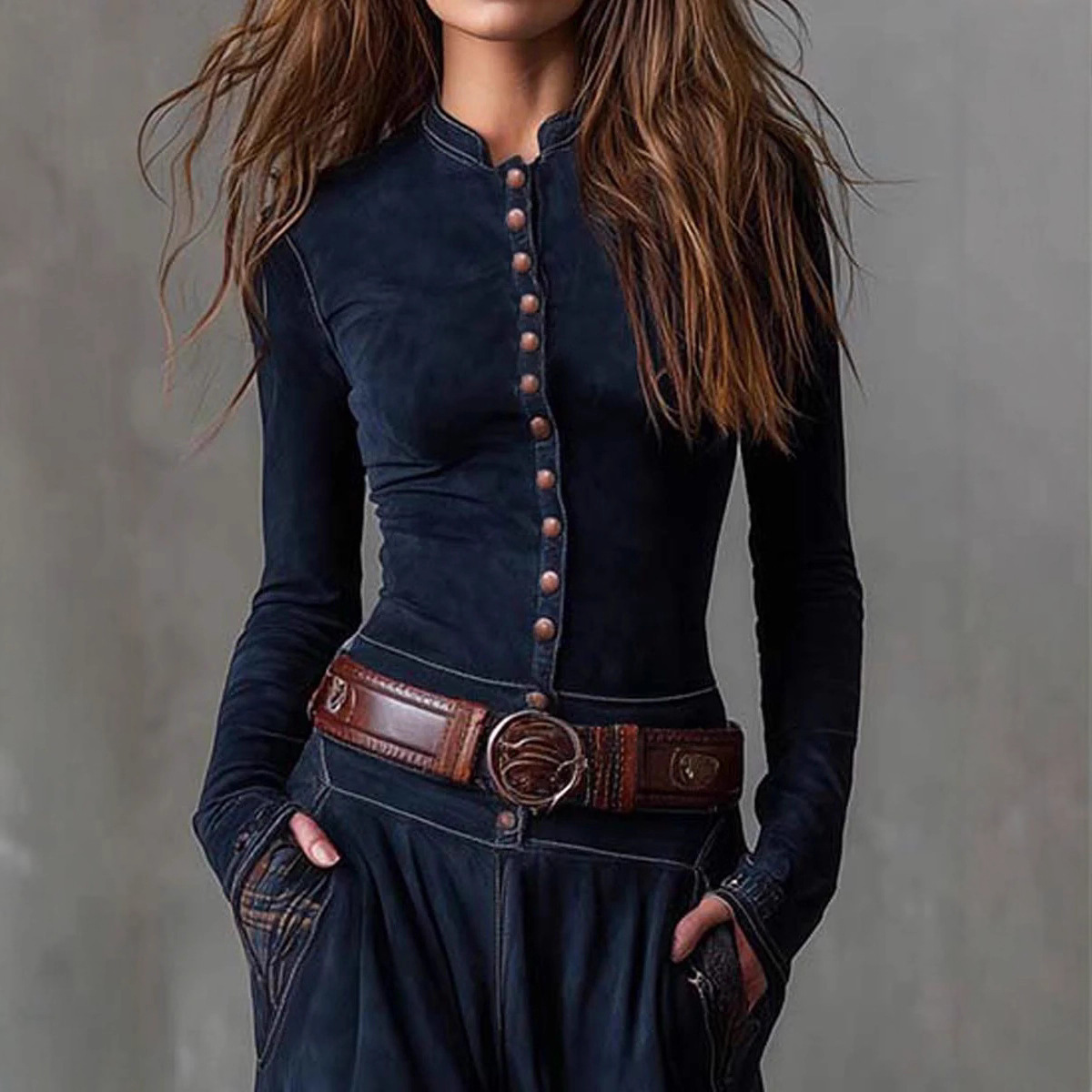 Suede Plaid Patchwork Vintage Dress with Pockets, Button & Belt